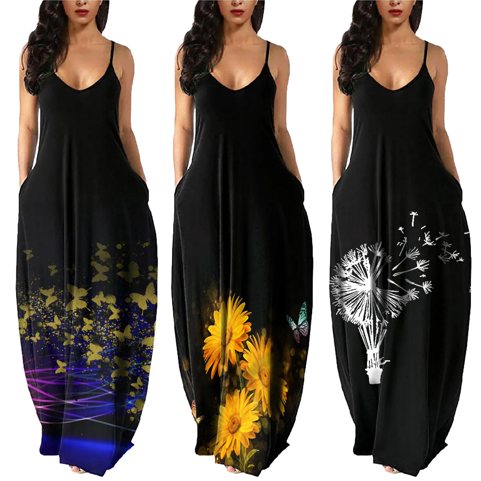 

Women'S Summer Fashion Dandelion Floral Printed Maxi Long Dress Sexy V-Neck Sleeveless Cami Dress Pocket Casual Beach Vestidos