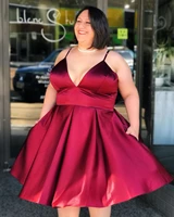 short burgundy cocktail dresses plus size sexy v neck spaghetti strap satin a line mini homecoming party dress for prom