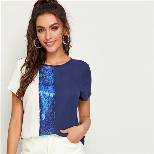 Multicolor SHEIN модный топ с блестками и контрастной вставкой, Женские топы и блузки,, повседневные летние блузки с коротким рукавом и цветными блоками - Цвет: Multicolor