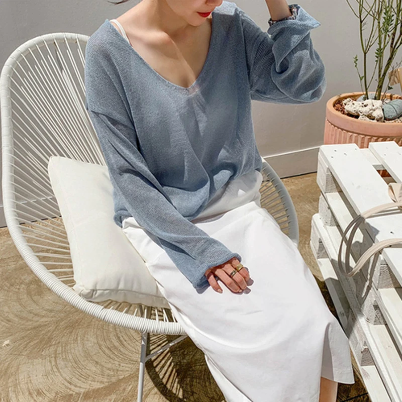 

Blusas 2021 Spring Summer Autumn Thin Sexy Women Tops Blouse V-neck Pullover Tops Solid Korean Loose Sunscreen New Lady Clothes