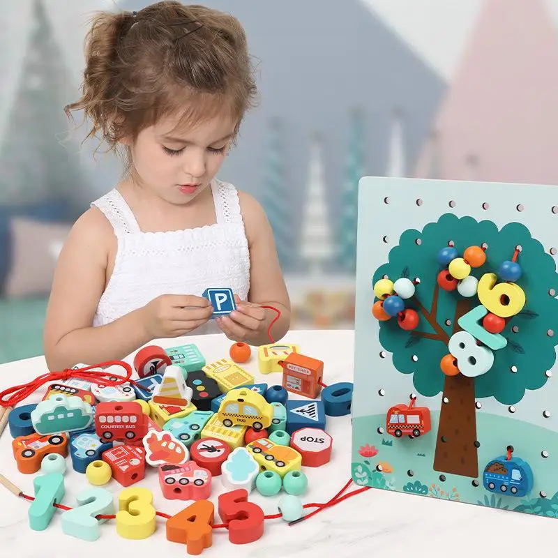 

70pcs Cartoon Scenes Digital Blocks Wooden Toys Cognition Stringing Threading Beads Game Educational Toys For Children Kids Gift