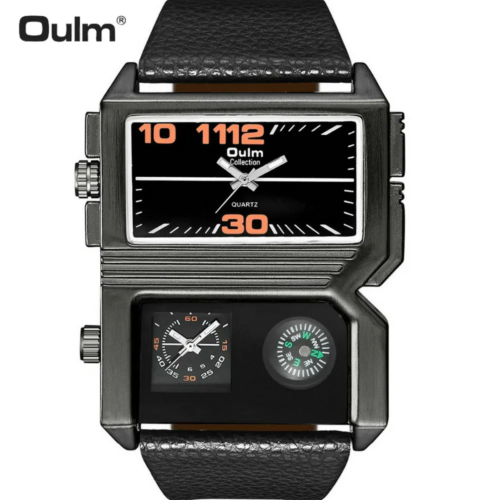 Мужские часы OULM армейские с двойным временем уличные компасом кожаный ремешок