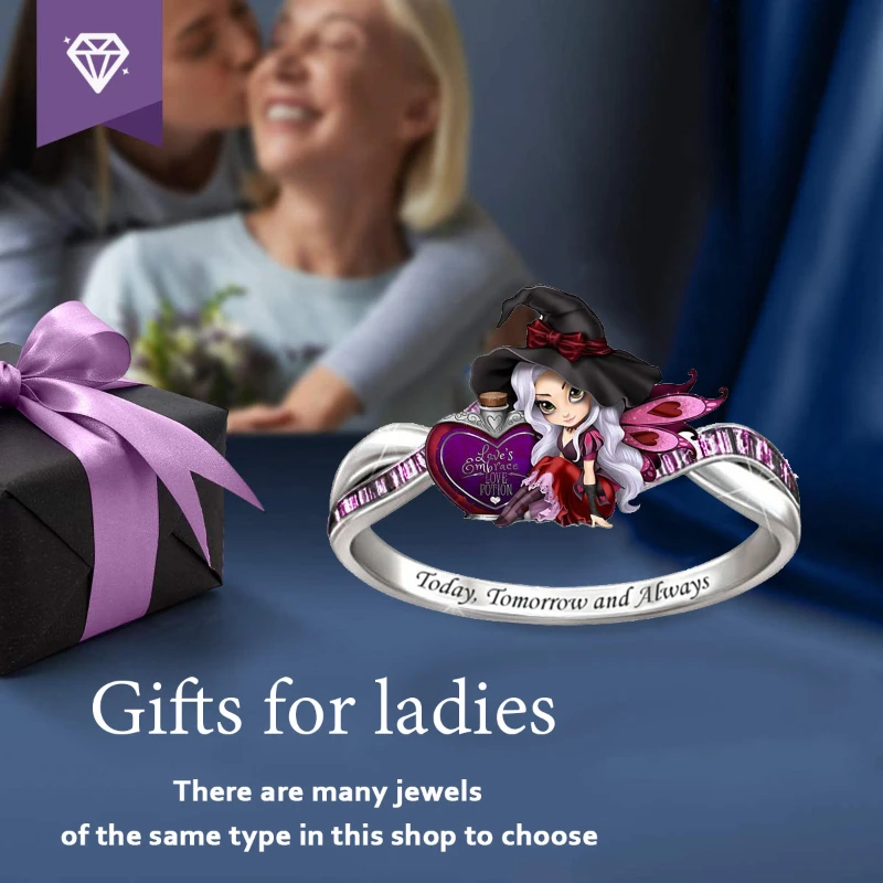 

Helloween Rings Women Accessories Stainless Steel Heart Engagement Vintage Witch Hat Jewelry Princess Fairy Wings Anillos Mujer