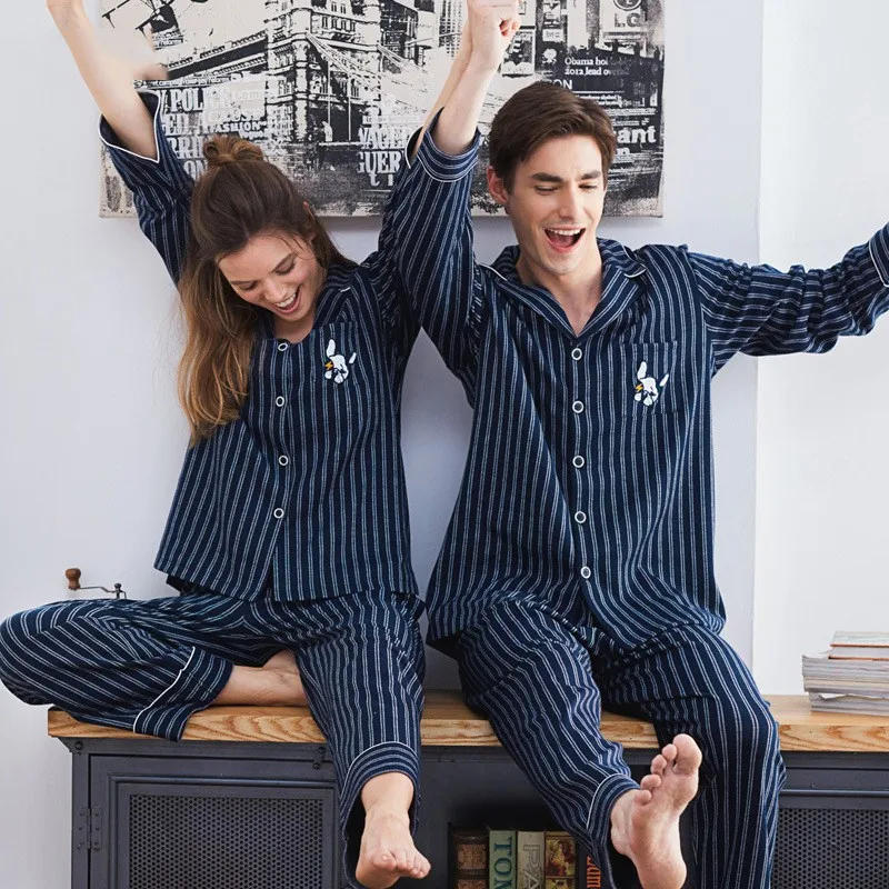 

Autumn Winter Lovers Pajamas Set 2PCS Sleepwear Soft Cotton Nightwear Sleep Set Casual Loose Striped Shirt&pant Home Clothes