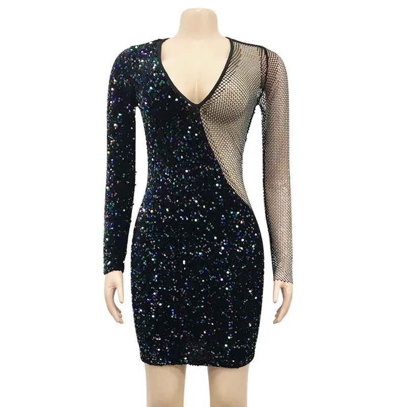 

Fashion Sexy Sequins Rhinestones V-Neck Long Sleeve Bodycon Mini Dress Women Birthday Prom Evening Party Dresses Stage Costume