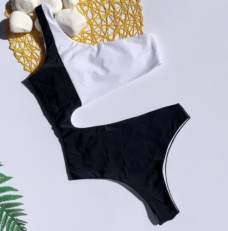 

New Black White Stitching Swimsuit One-piece Solid Color Bikini Women's Swimwear Bathing Bather Beach Wear