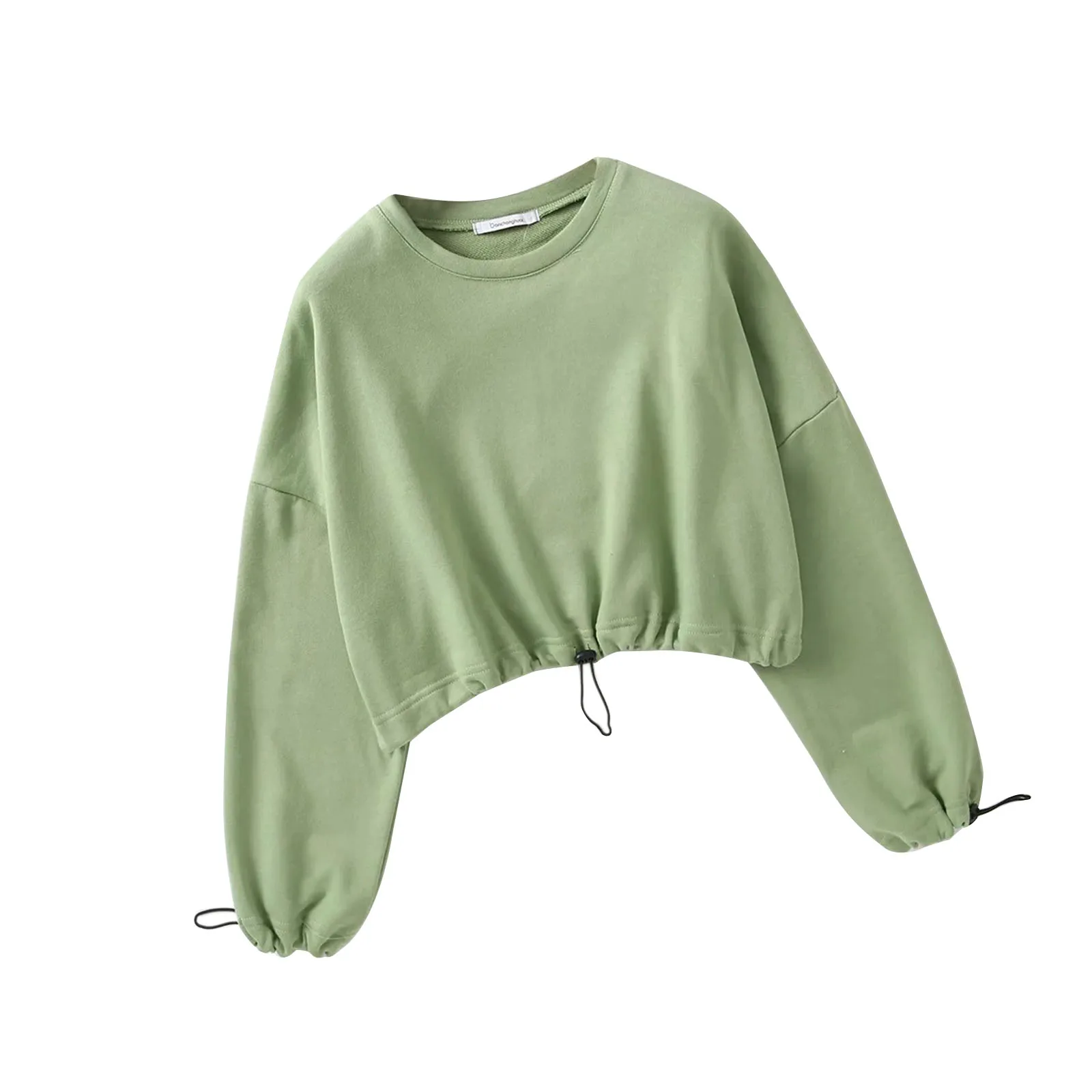 

Women Solid Color Crop Top, Autumn Adults Long Sleeve Round Neck Sweatshirt with Adjustable Drawstring