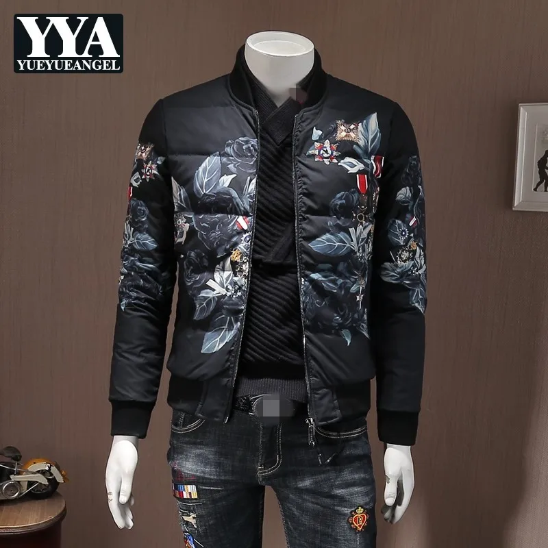 

Повседневный мужской пуховик, брендовая куртка на белом утином пуху с цветочным принтом, зима 2021, черная утолщенная теплая верхняя одежда н...
