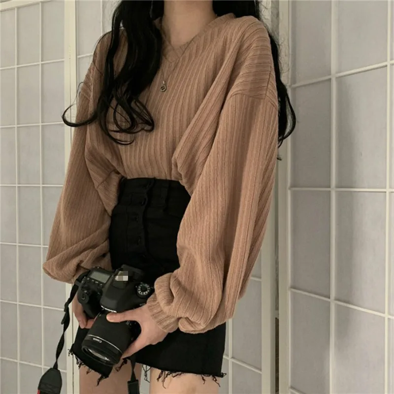 

V-Neck Lantern Long Sleeve Knit Pullover Sweater Women Retro Loose Crazy Style Short Mutlicolor Pull Femme Autumn 48271