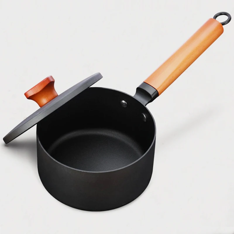 

new product long beech handle milk pot small pot with cover easy to clean enough capacity uncoated health Wooden cookware