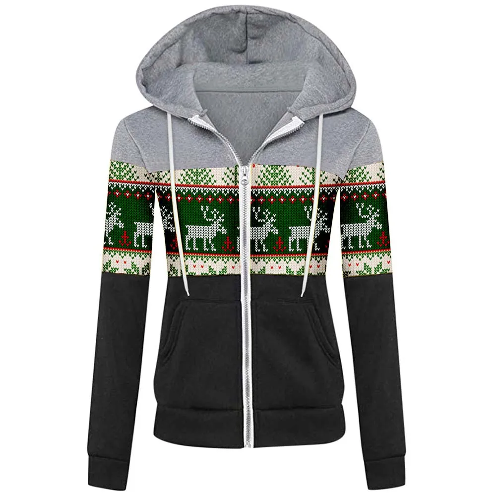 

Cofekate Womens Clothing Christmas Coat Long Sleeve Colorblock Hooded Sweatshirt Casual Zip Up Printed Hooded Jackets and Coats