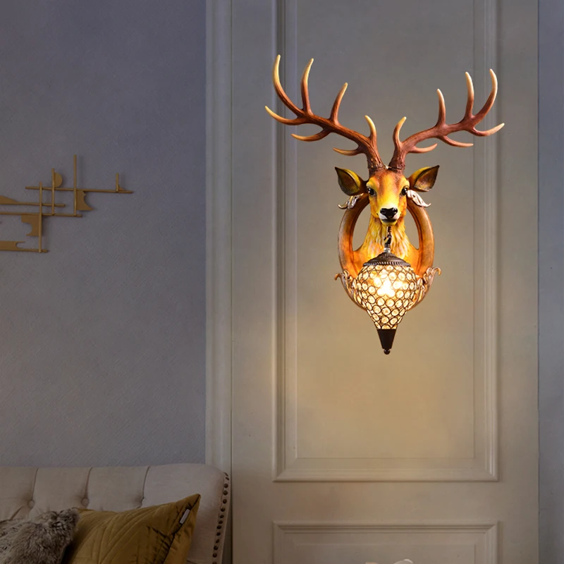 

American Retro Antlers Wall Lamp Indoor Decor Resin Deer Head Corridor Aisle Background Wall Sconce Lamp Bedroom Bedside Light