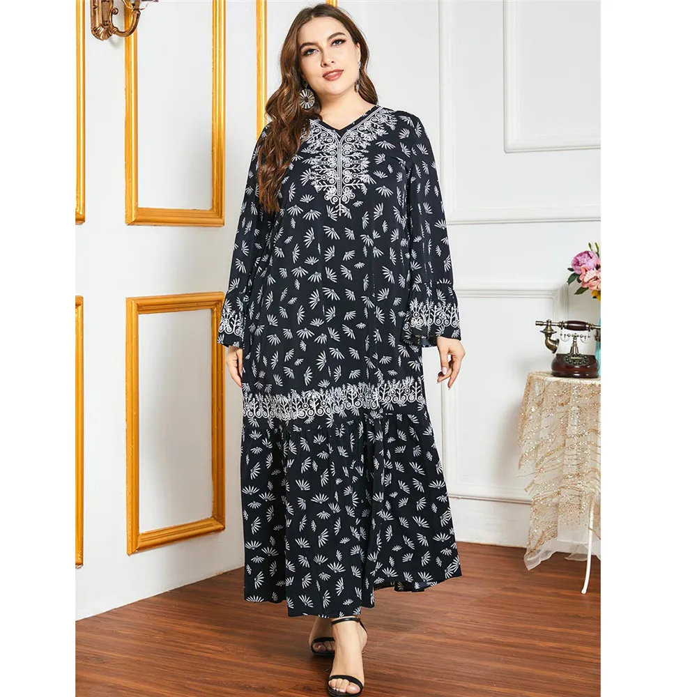 

Muslim Women Kaftan Printed Ramadan Islamic Long Dress Embroidery V-neck Arab Maxi Robe Gown Casual Middle East Spring Autumn