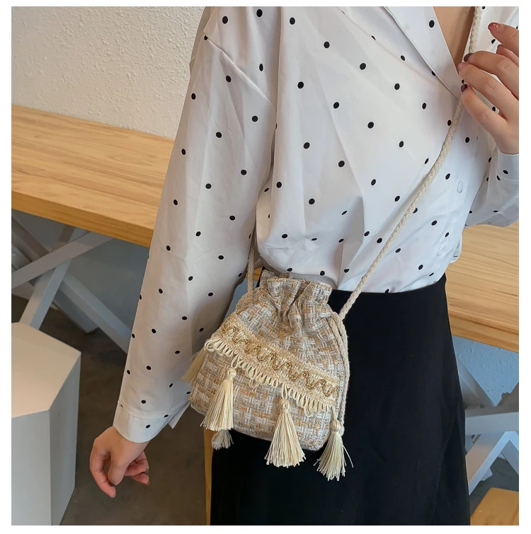 

2020 Ethnic style tassel bucket bag hemp rope Women Small Bag Cloth Bohe Drawstring shoulder messenger bag