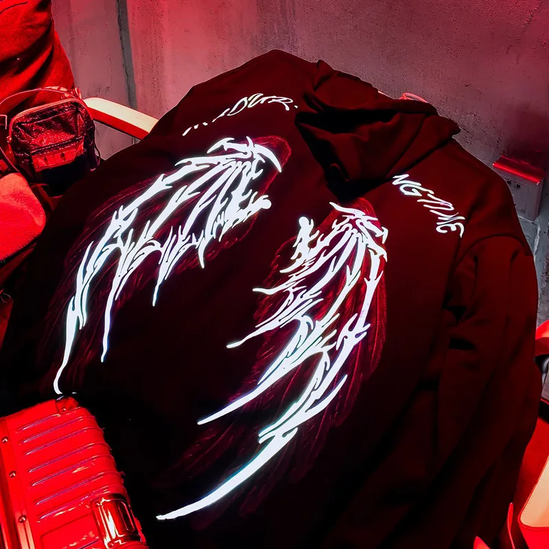 

Reflective Wing Print Hoodies Sweatshirts Men Punk Rock Gothic Streetwear Hip Hop Fashion Casual Hooded 2020 Hoodie Black WQ210