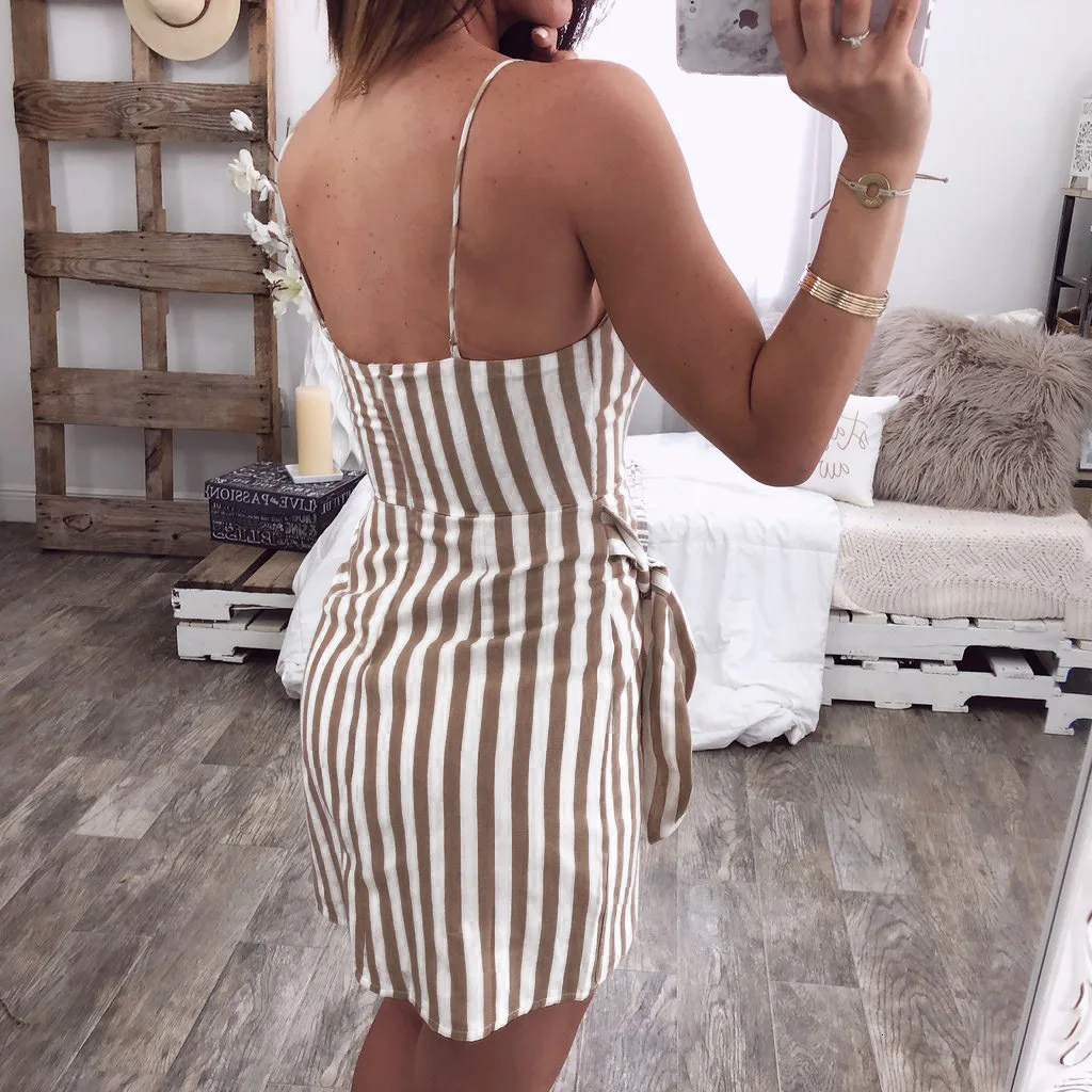 Striped Women Dresses Summer Bandage Bodycon Mini Dress Spaghetti Strap Strappy Backless Holiday Irregular Vestidos | Женская одежда
