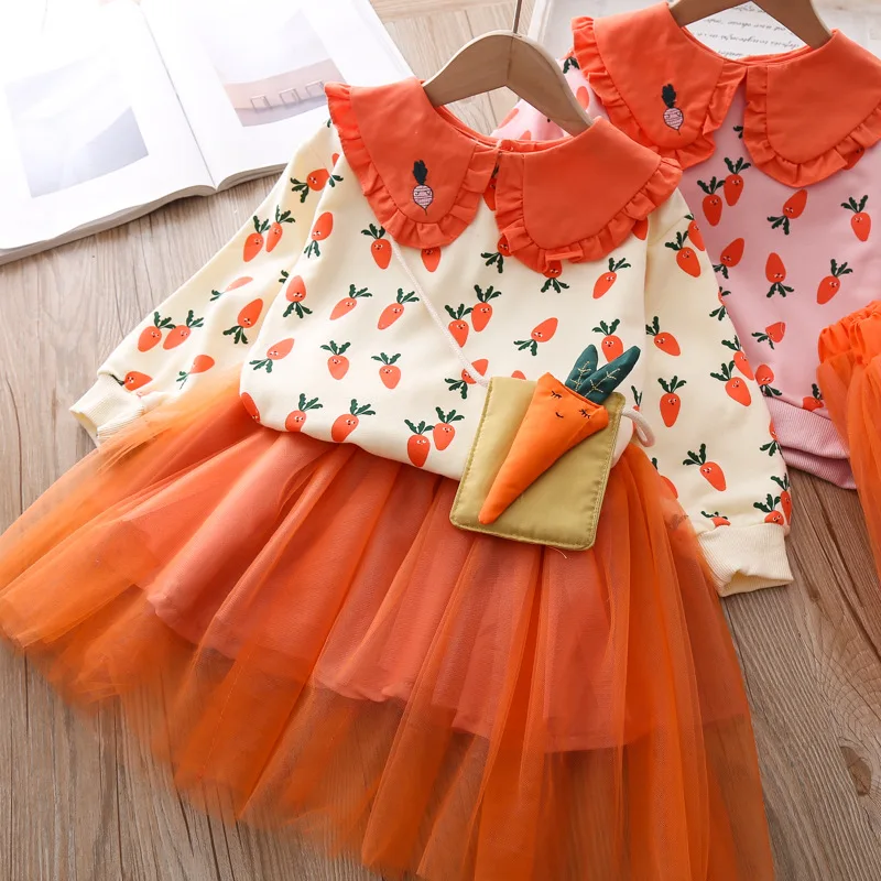 

Женский весенне-осенний комплект с юбкой, Топ с длинным рукавом и принтом моркови, сетчатая юбка, сумка, 3 шт./компл., одежда для девочек