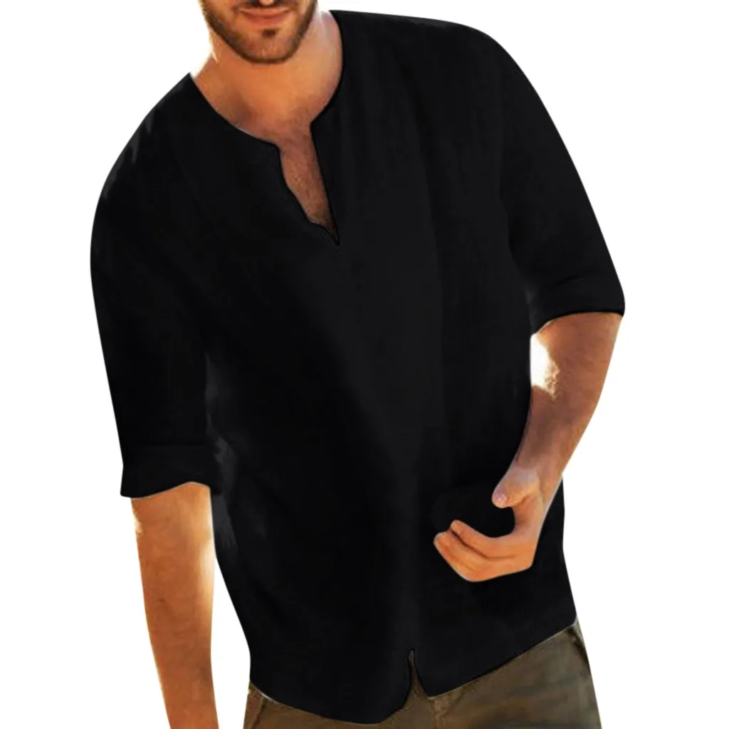

Men's Quarter Blend Solid Blouses V Color Three T Shirts Neck Baggy Tops Cotton Men's blouse Men blouse long sleeve