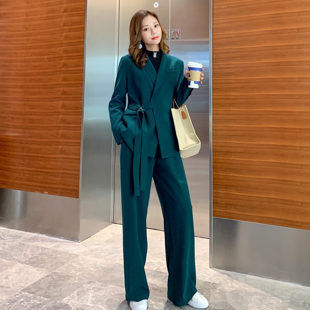 

Spring and Autumn new High-end professional women's temperament lacing suit suit Korean fashion casual wide leg pants two-piece