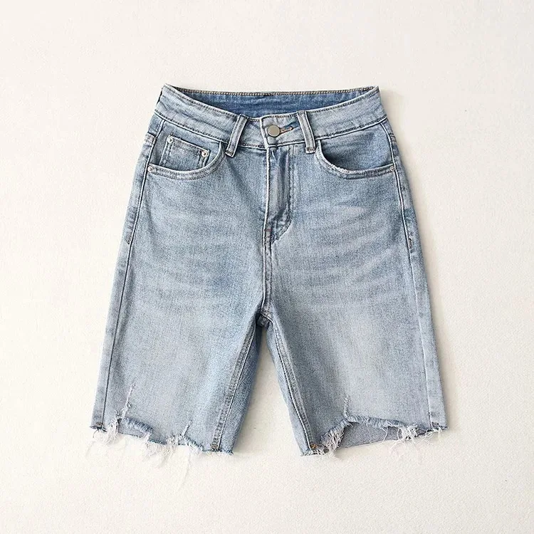 

High Waist Straight-Leg Denim Fifth Pants Women's Summer 2021 New High Elastic Raw Hem Wide Legs Shorts Cycling Middle Pants