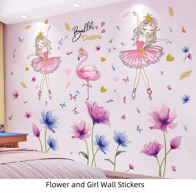 

[shijuekongjian] Flowers Plants Wall Stickers DIY Girl Flamingo Wall Decals for Living Room Kids Bedroom Kitchen Home Decoration