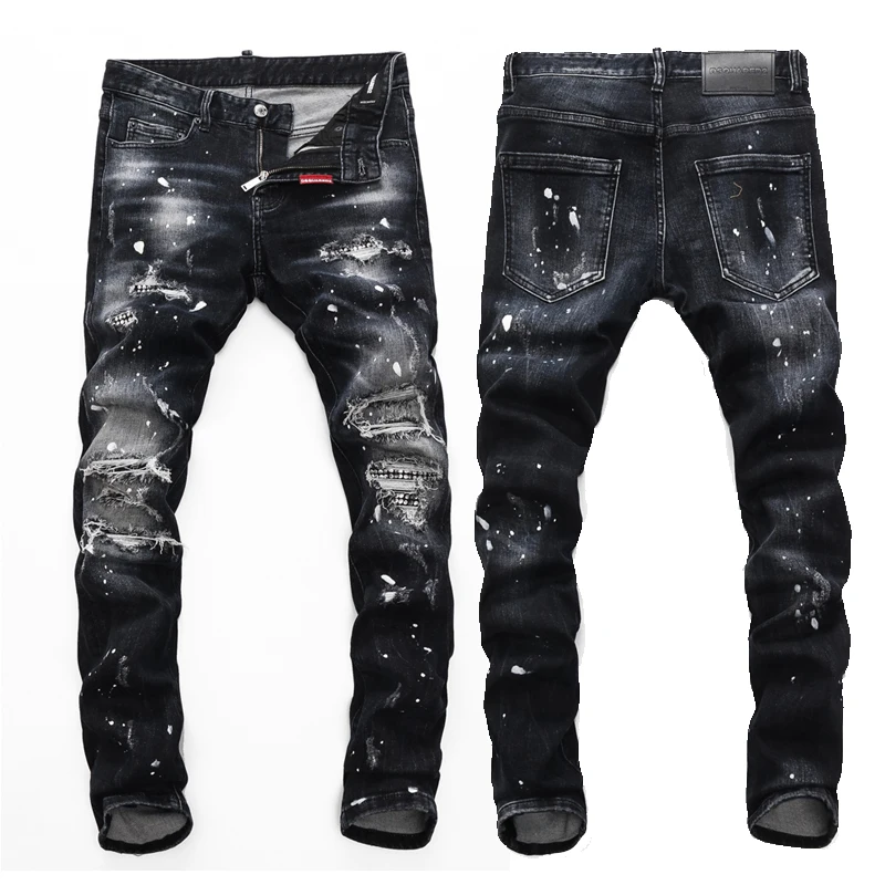 

European Nightclub style dsq brand black Italy jeans luxury Men denim trousers Patchwork Slim letter jeans Pencil Pants for men