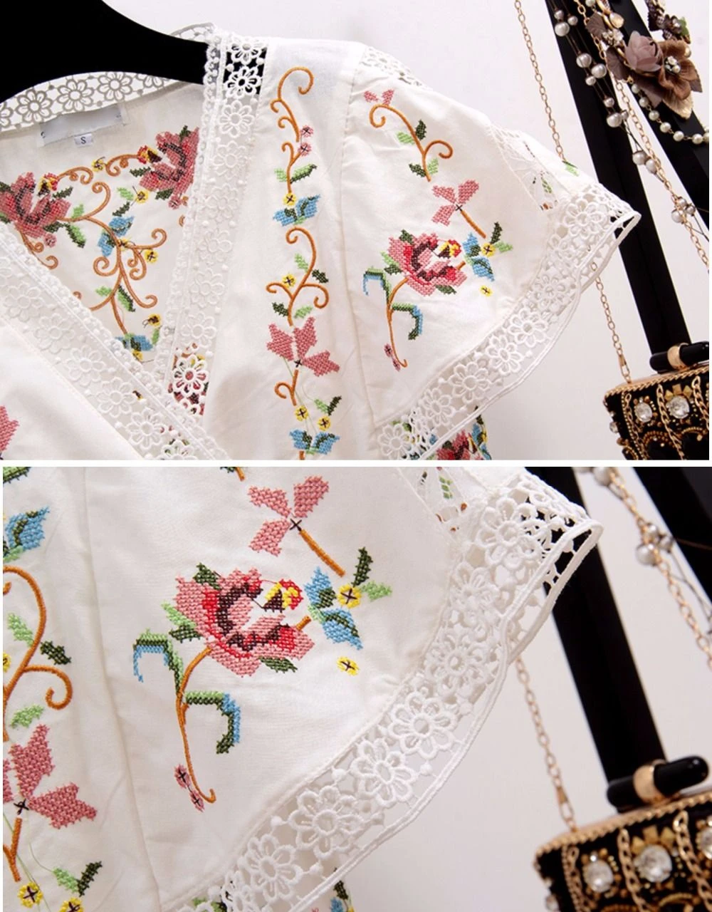 

Vintage Embroidery Hollow Out Two Piece Set Women V Neck Short Sleeve Crop Tops & High Waist Wide Leg Shorts Female Summer Suit