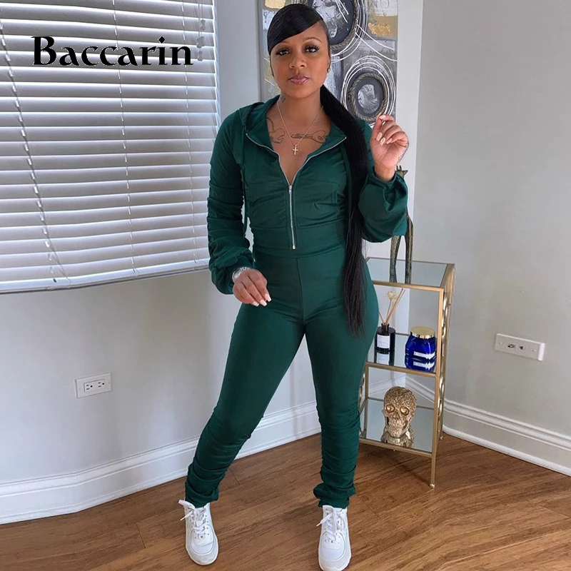 

Baccarin Patchwork Women 2 Pieces Long Sleeve Zipper Hoodis Stacked Pants Set Bodycon Sexy Casual Sporty Tracksuit Autumn Winter