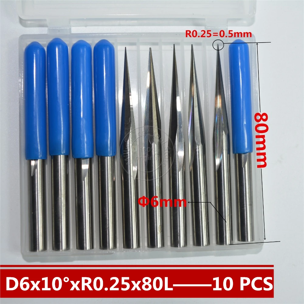 10PCS-6mm* R0.25* 80L, CNC Карбид древесины Концевая фреза, деревообрабатывающие вставки фрезы, конические сферические концевые фрезы, глубокий рельеф, ПВХ