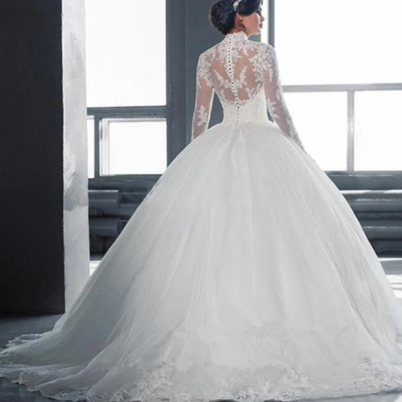 Фото Vestido de baile Vintage, Vestidos de boda de Princesa, манга larga, аппликации abiertos en la espalda, encaje de tul, falda escal №2