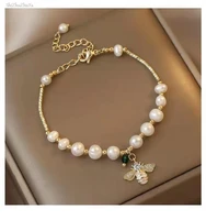 high quality diamond bee freshwater pearl bracelet sweet design green rhinestone pendant hand beaded ladies luxury jewelry