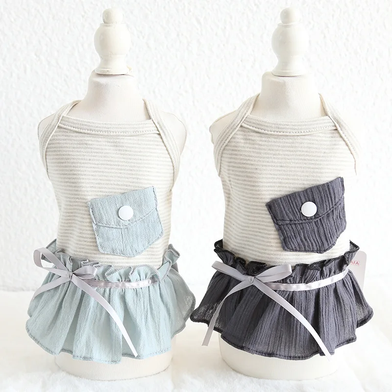

Striped Bow Pocket Dog Dress Pet Products Summer 100% Cotton Clothing For Dogs Cats Chihuahua Teddy Pet Puppy Dog Clothes 2020