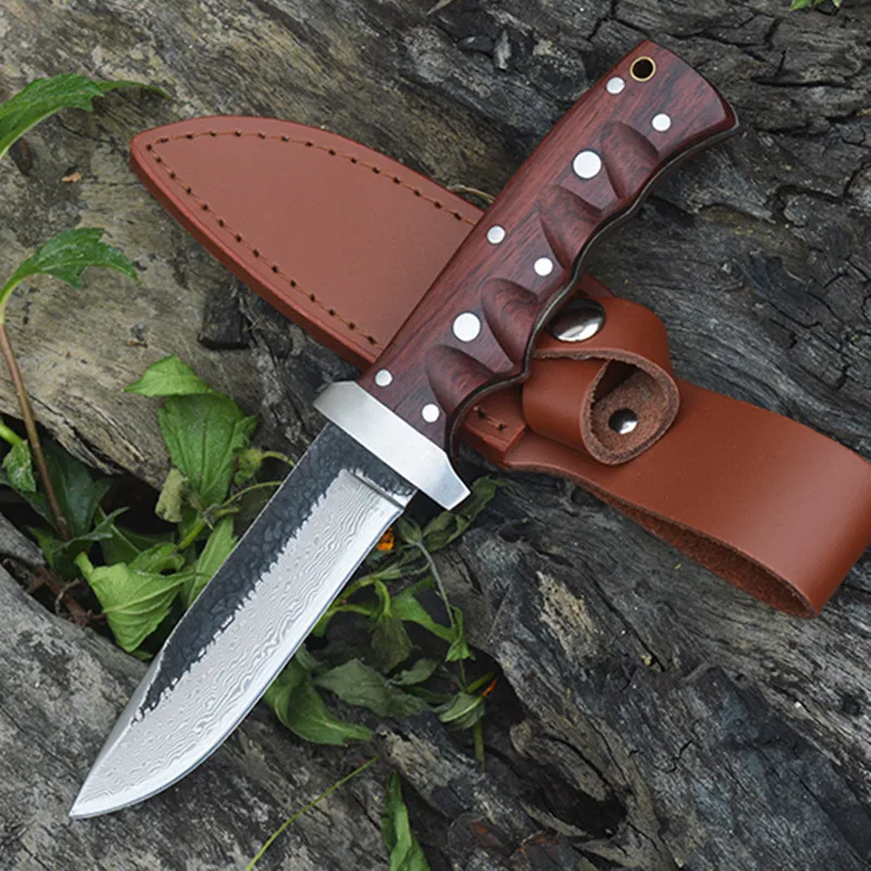 

High Quality Damascus Knife Forged Fixed Blade Wooden Handle,Leather Sheath Outdoor Survival Tactical Knives Rescue Tool Camping