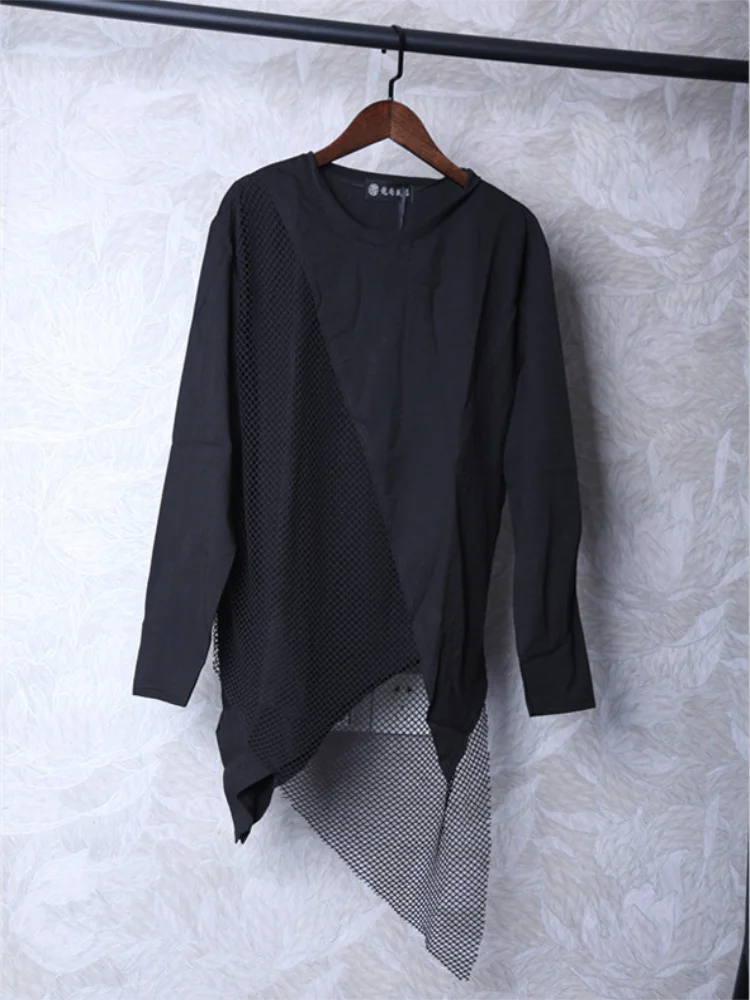 

Men's Long Sleeve T-Shirt Autumn And Winter New Dark Round Collar Irregular Personality Mesh Layer Stitching Design T-Shirt