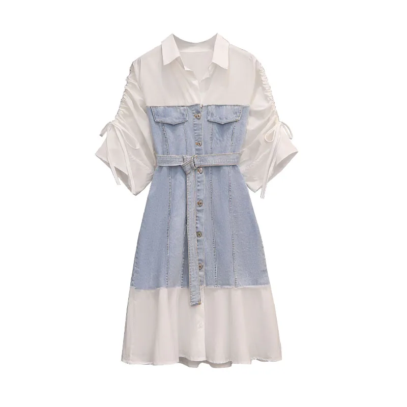 

EHQAXIN Summer Plus Size Women's Denim Stitching Chiffon Dress Fashion Button With Belt Tie Rope Short-Sleeved Dresses M-4XL