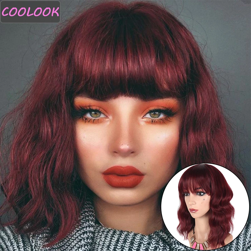 

Medium Wavy Wig with Bangs Natural Synthetic Purple Blond Cosplay Wigs for Women Heat Resistant Fibre Female False Hair Wave Wig