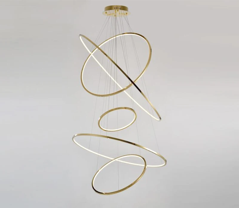 

Golden luxury dining room lamp duplex villa staircase large chandelier circular ring-shaped high living room lamps