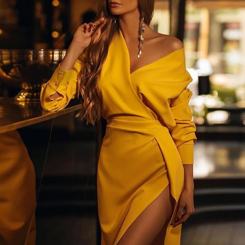 Women Long Sleeve Yellow V Neck Slit Dress V-neck Cocktail Party Dresses