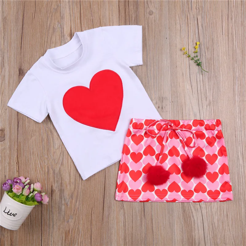 

Valentine's Day Children Girl Set Toddler Kids Girl Clothes Short Sleeve Heart Print T-shirts Tops+Bowknot A-line Skirts Outfits