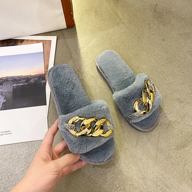 

Шлепанцы женские домашние на металлической цепочке, мягкие плюшевые Нескользящие, плоская подошва, дизайнерские сандалии, теплые тапочки