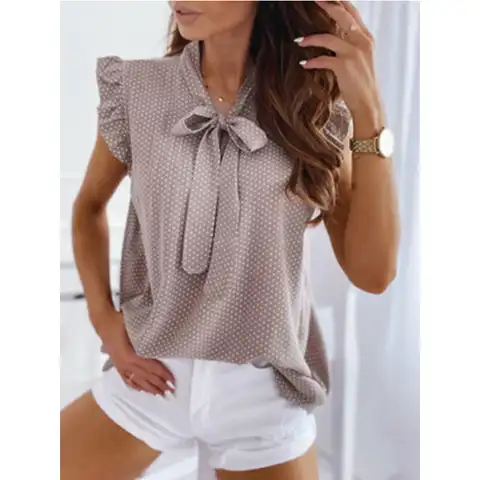 Blouses Short Sleeves Shirt Summer Bow Lace Up Polka Dot Female Ruffle Pullover Vintage Blusa shirts womens sexy tops
