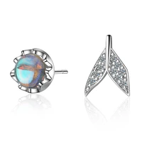 mermaid fishtail bubble asymmetric stud earrings silver plated blue crystal zircon stud earrings womens jewelry