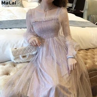 2021 korean spring fairycore dress women mesh long square collar pink apricot green sequined dresses sweet feminine tulle dress