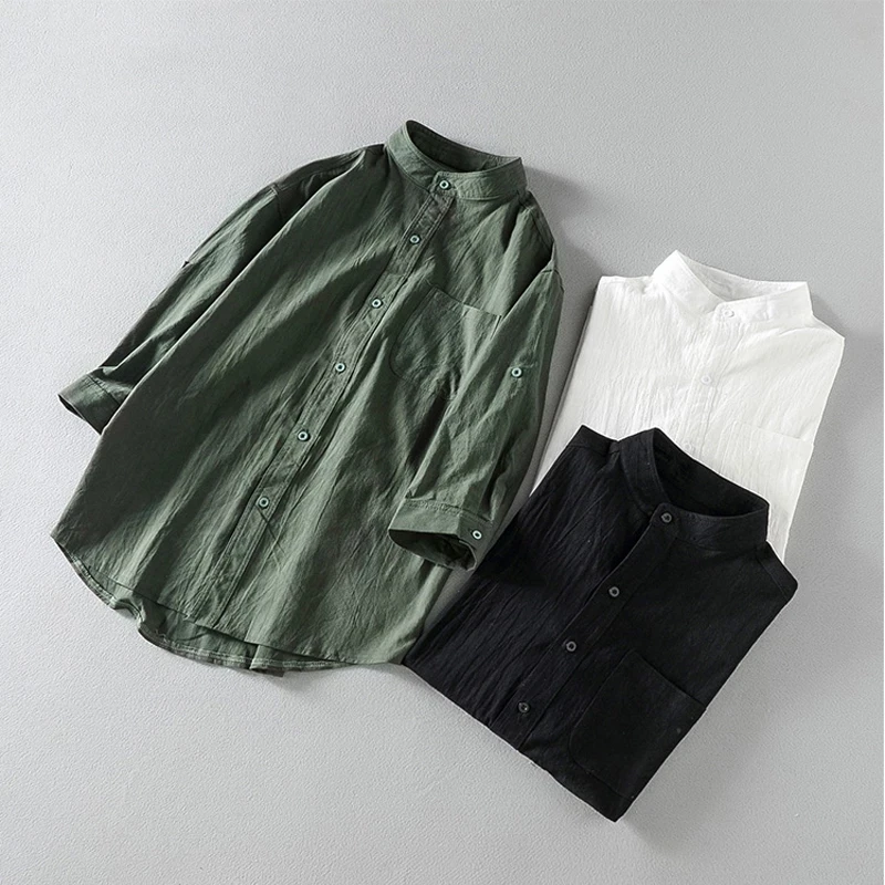 

2021 summer men's pure cotton loose shirt fashion short sleeve shirt solid color