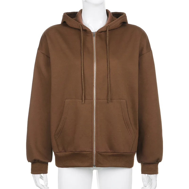 Brown Zip Up Sweatshirts Winter Jacket Korean Fashion Oversize Hoodies Women Plus Size Casual Pockets Long Sleeve Pullovers