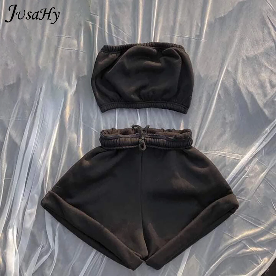 

Jusahy Basic Tracksuit 2 Two Piece Sets for Women Clothing Strapless Top+shorts Wholesale Suits Summer Trend Casual Sportswear