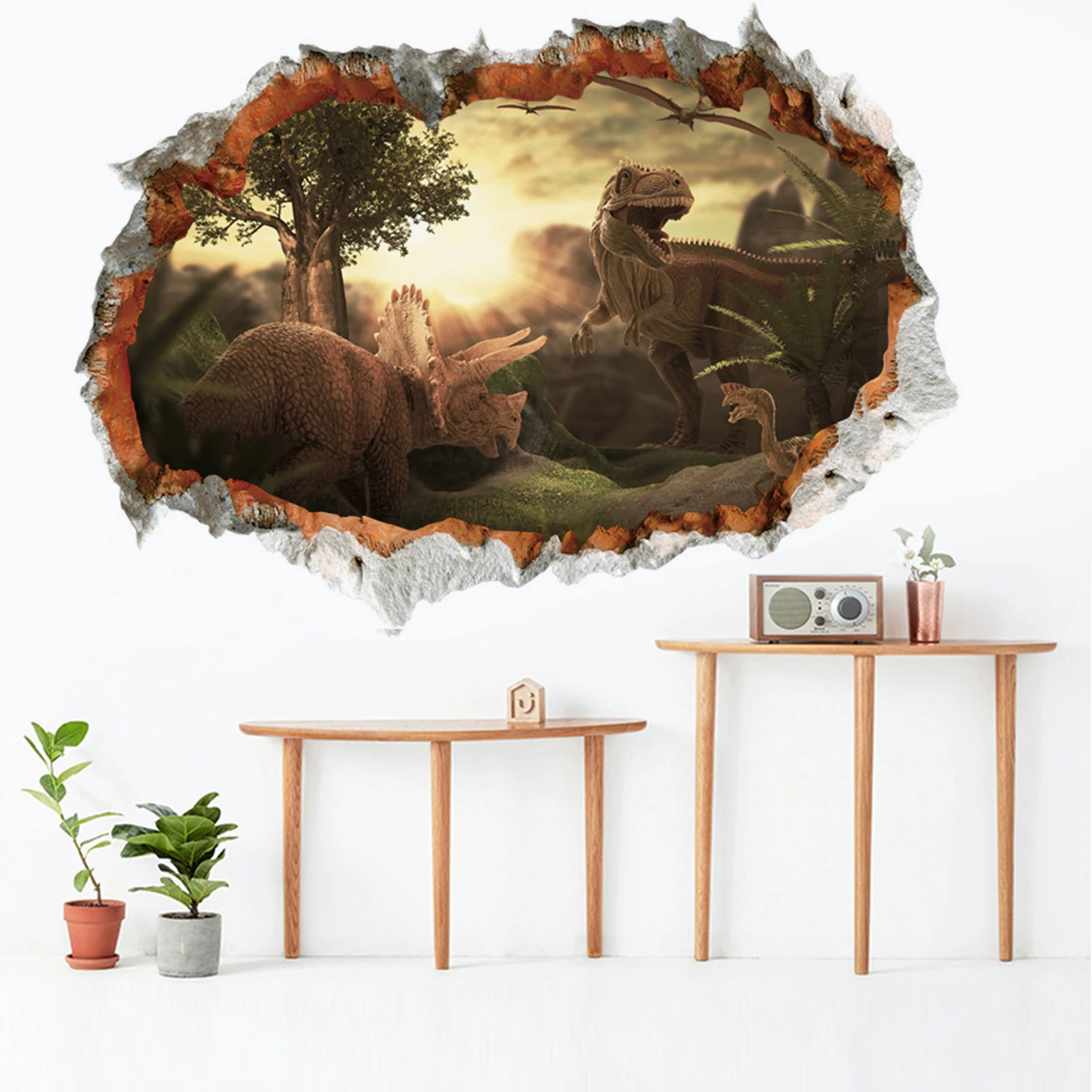 

3D Dinosaurs Wall Sticker Home Decoration Cartoon Living Room Jurassic Period Animals Print Decor Smashed Wall Art Decals Murals