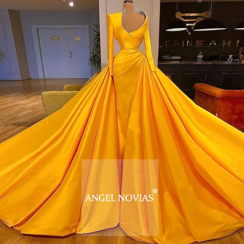

Angel Novias Long Sleeves Gold Satin Arabic Evening Dress 2020 with Detachable Skirt Party Dress Vestidos De Noche