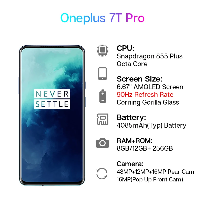 2019 OnePlus 7T Pro Global rom Snapdragon 855 Plus 8GB 256GB 6 67 ''Fluid AMOLED экран с частотой обновления 90Hz 48MP