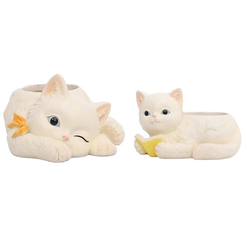 

2 Pcs Cat Design Succulents Plant Pot with Drainage Hole/Cactus Planter Resin Planter Cute Plants Flower Pot, A & B